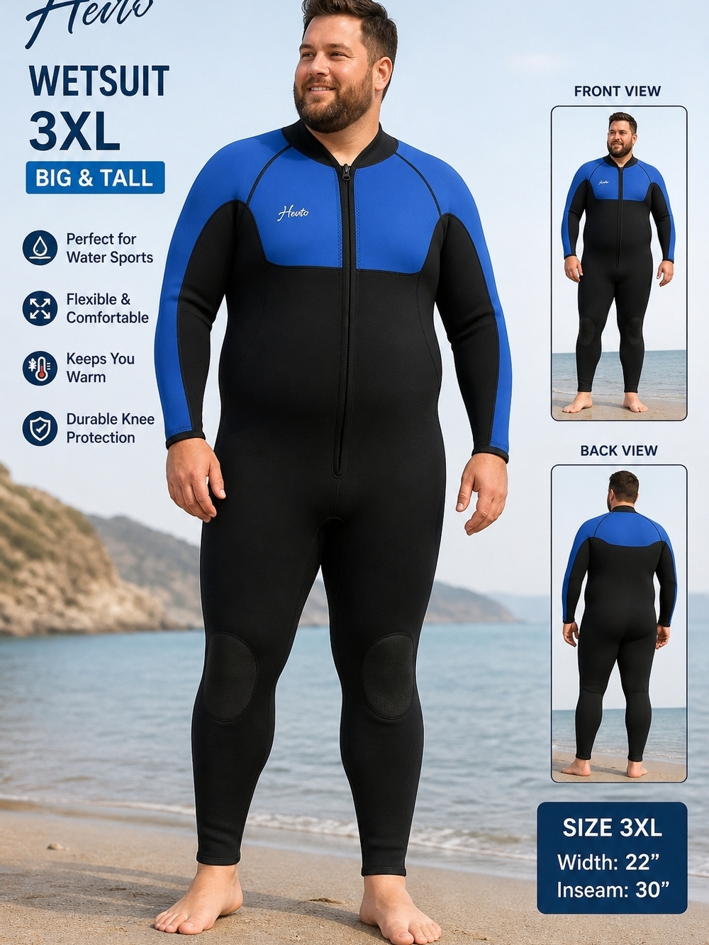 Hevto 3XL Wetsuit Full Body Front Zip Plus Size Surf Dive Black Blue 22x30